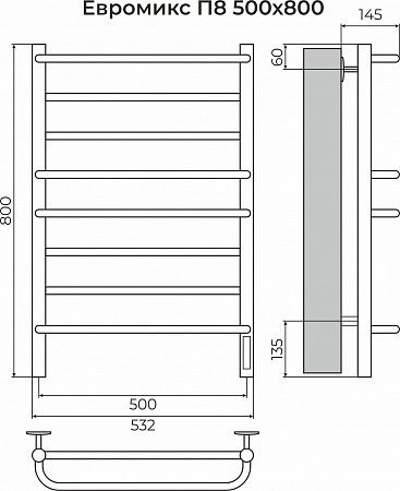 Евромикс П8 500х800 электро КС 9005 матовый ( new встроен диммер) Полотенцесушитель TERMINUS Кинешма - фото 3